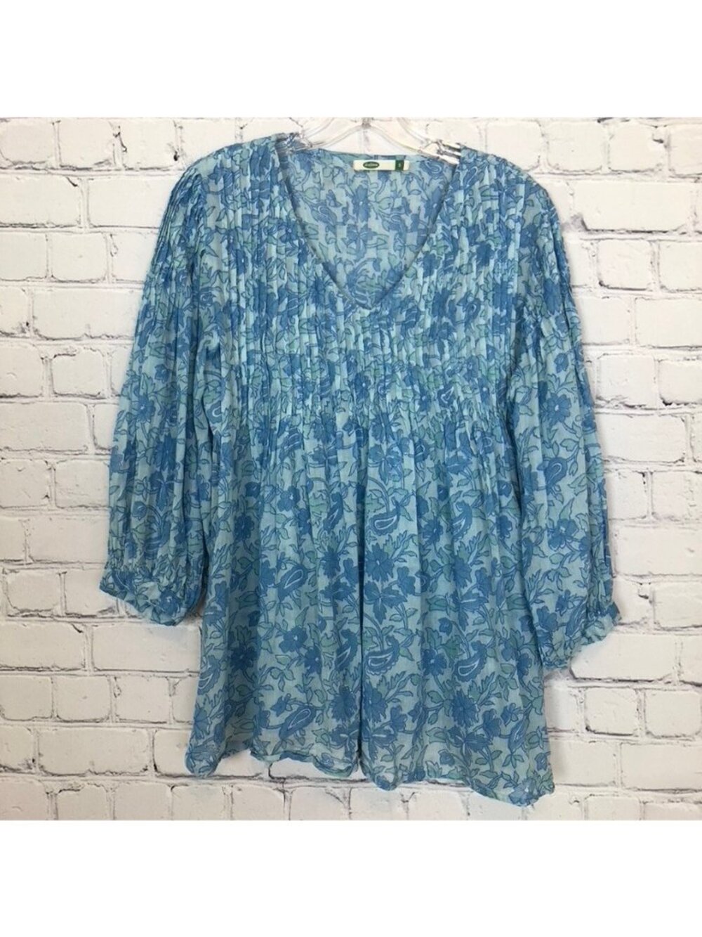 Dolma Blue Floral Alya Top Size S Pintuck 100% Cotton